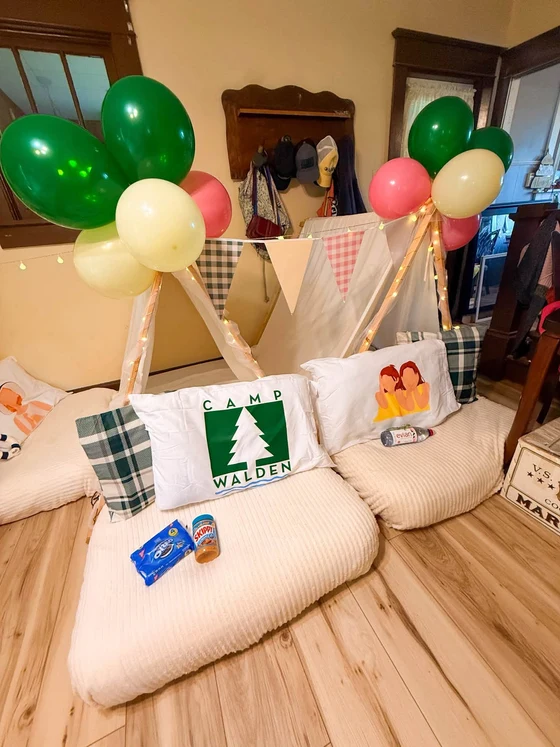 Camp Walden | The Parent Trap sleepover setup: A Camp Walden pillow, with Oreos and Skippy PB.