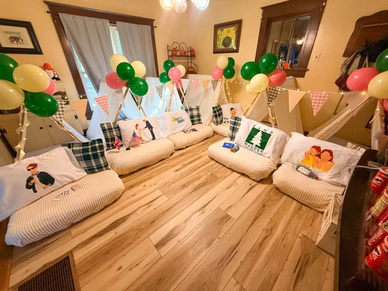 Camp Walden | The Parent Trap sleepover setup: The whole camp, balloons and bunting up.