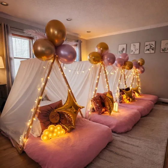 Celestial Dream sleepover setup: Soft pinks, glowing stars and moonlight.