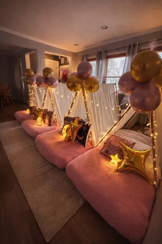Celestial Dream sleepover setup: Gold stars, moonlight and a soft glow.