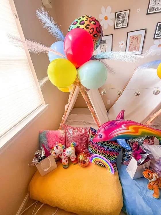 Lisa Frank Throwback sleepover setup: Neon, rainbow leopard and full 90s disco energy.
