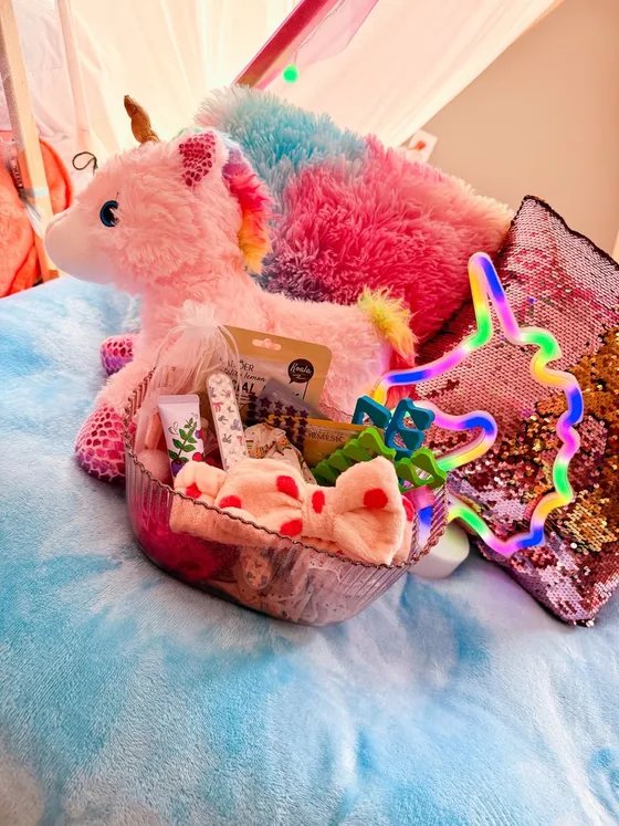 Sweet Dreams Spa Night sleepover setup: Spa bags packed for a facial, mani and pedi night.