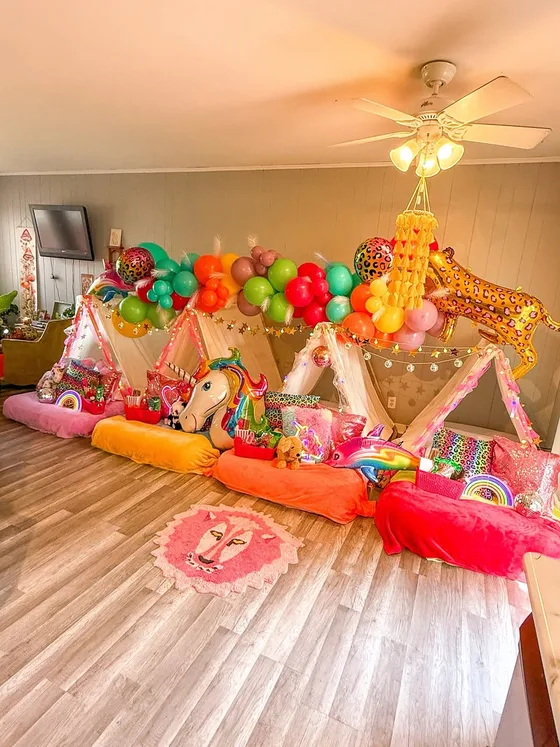 Unicorn Dreams sleepover setup: Rainbows end to end.