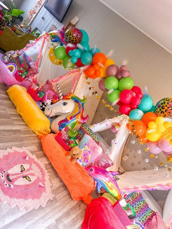 Unicorn Dreams sleepover setup: Somewhere over the rainbow, a unicorn sleepover appeared.